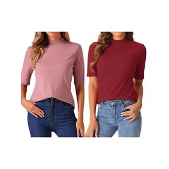 2 Packs Elbow Length Tops for Women Casual Blouses Turtleneck Top Solid Elastic Half Sleeve T Shirts