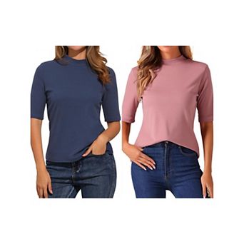 2 Packs Elbow Length Tops for Women Casual Blouses Turtleneck Top Solid Elastic Half Sleeve T Shirts