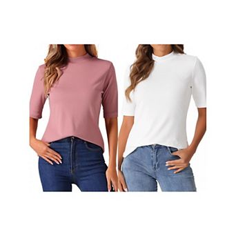 2 Packs Elbow Length Tops for Women Casual Blouses Turtleneck Top Solid Elastic Half Sleeve T Shirts