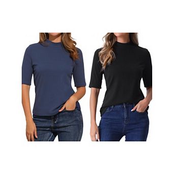 2 Packs Elbow Length Tops for Women Casual Blouses Turtleneck Top Solid Elastic Half Sleeve T Shirts