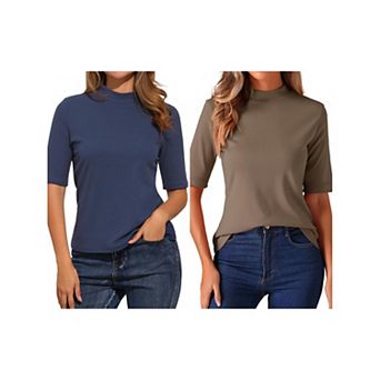 2 Packs Elbow Length Tops for Women Casual Blouses Turtleneck Top Solid Elastic Half Sleeve T Shirts