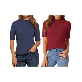 2 Packs Elbow Length Tops for Women Casual Blouses Turtleneck Top Solid Elastic Half Sleeve T Shirts