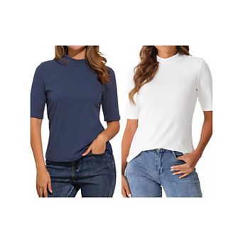 2 Packs Elbow Length Tops for Women Casual Blouses Turtleneck Top Solid Elastic Half Sleeve T Shirts