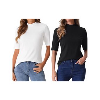 2 Packs Elbow Length Tops for Women Casual Blouses Turtleneck Top Solid Elastic Half Sleeve T Shirts