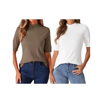 2 Packs Elbow Length Tops for Women Casual Blouses Turtleneck Top Solid Elastic Half Sleeve T Shirts