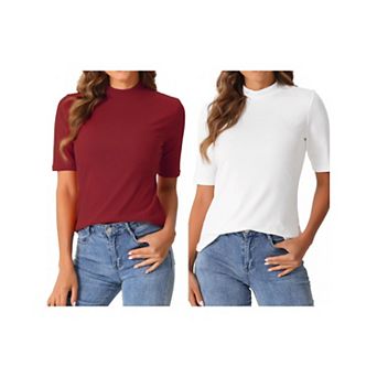 2 Packs Elbow Length Tops for Women Casual Blouses Turtleneck Top Solid Elastic Half Sleeve T Shirts