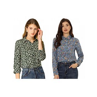 2 Packs Women's Button Down Long Sleeve Ditsy Floral Shirt