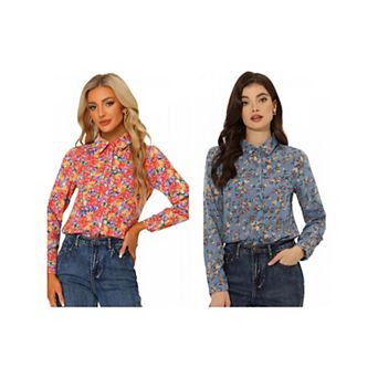 2 Packs Women's Button Down Long Sleeve Ditsy Floral Shirt
