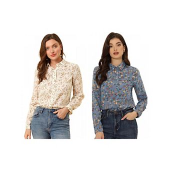 2 Packs Women's Button Down Long Sleeve Ditsy Floral Shirt