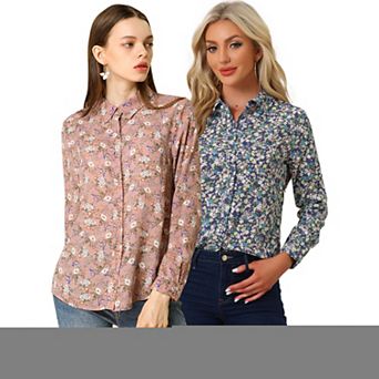 2 Packs Women's Button Down Long Sleeve Ditsy Floral Shirt