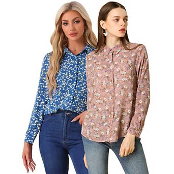 2 Packs Women's Button Down Long Sleeve Ditsy Floral Shirt