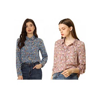2 Packs Women's Button Down Long Sleeve Ditsy Floral Shirt