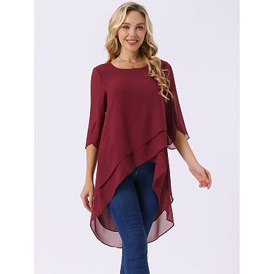 2 Packs Women's High Low Tops Scoop Neck Chiffon Blouse Asymmetrical Loose Shirt 3/4 Sleeve Tops