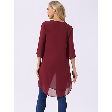 2 Packs Women's High Low Tops Scoop Neck Chiffon Blouse Asymmetrical Loose Shirt 3/4 Sleeve Tops