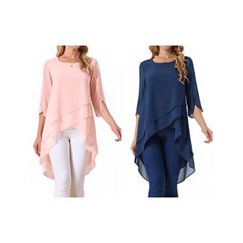 2 Packs Women's High Low Tops Scoop Neck Chiffon Blouse Asymmetrical Loose Shirt 3/4 Sleeve Tops