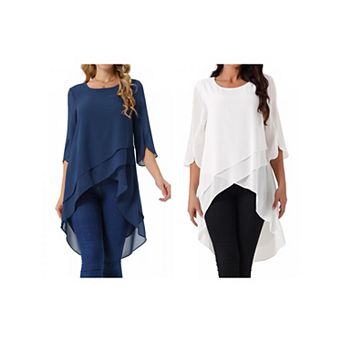 2 Packs Women's High Low Tops Scoop Neck Chiffon Blouse Asymmetrical Loose Shirt 3/4 Sleeve Tops