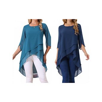 2 Packs Women's High Low Tops Scoop Neck Chiffon Blouse Asymmetrical Loose Shirt 3/4 Sleeve Tops