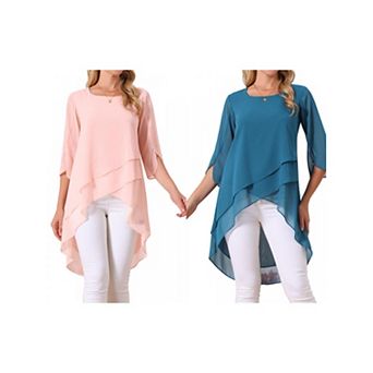 2 Packs Women's High Low Tops Scoop Neck Chiffon Blouse Asymmetrical Loose Shirt 3/4 Sleeve Tops