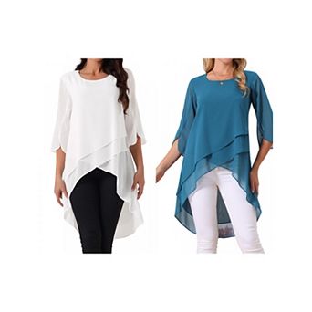 2 Packs Women's High Low Tops Scoop Neck Chiffon Blouse Asymmetrical Loose Shirt 3/4 Sleeve Tops