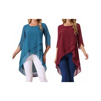 2 Packs Women's High Low Tops Scoop Neck Chiffon Blouse Asymmetrical Loose Shirt 3/4 Sleeve Tops