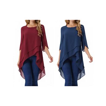 2 Packs Women's High Low Tops Scoop Neck Chiffon Blouse Asymmetrical Loose Shirt 3/4 Sleeve Tops