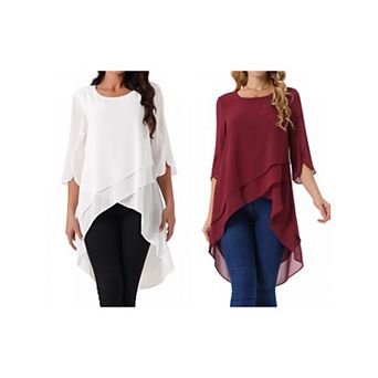 2 Packs Women's High Low Tops Scoop Neck Chiffon Blouse Asymmetrical Loose Shirt 3/4 Sleeve Tops