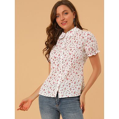 2 Packs Women's Floral Top Peter Pan Collar Cotton Short Sleeve Shirt