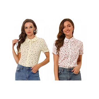 2 Packs Women's Floral Top Peter Pan Collar Cotton Short Sleeve Shirt