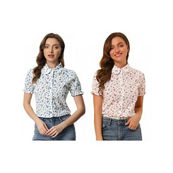 2 Packs Women's Floral Top Peter Pan Collar Cotton Short Sleeve Shirt