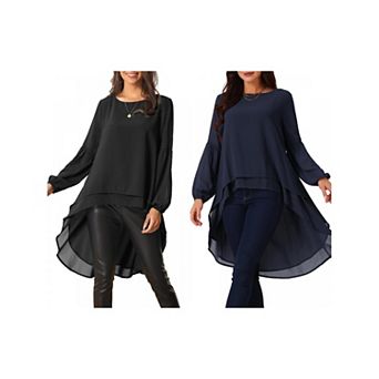 2 Packs Women's Lantern Long Sleeve Round Neck Asymmetrical Irregular Hem Casual Blouse Tops