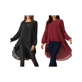2 Packs Women's Lantern Long Sleeve Round Neck Asymmetrical Irregular Hem Casual Blouse Tops