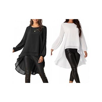 2 Packs Women's Lantern Long Sleeve Round Neck Asymmetrical Irregular Hem Casual Blouse Tops