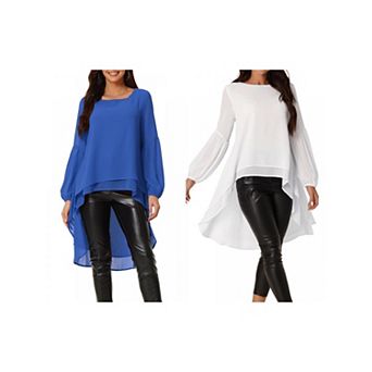 2 Packs Women's Lantern Long Sleeve Round Neck Asymmetrical Irregular Hem Casual Blouse Tops