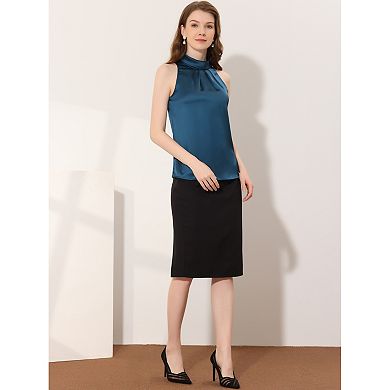 2 Packs Women's Elegant Satin Sleeveless Bow Knot Tie Mock Neck Solid Work Blouse Top