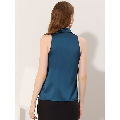 2 Packs Women's Elegant Satin Sleeveless Bow Knot Tie Mock Neck Solid Work Blouse Top