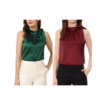 2 Packs Women's Elegant Satin Sleeveless Bow Knot Tie Mock Neck Solid Work Blouse Top