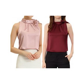 2 Packs Women's Elegant Satin Sleeveless Bow Knot Tie Mock Neck Solid Work Blouse Top