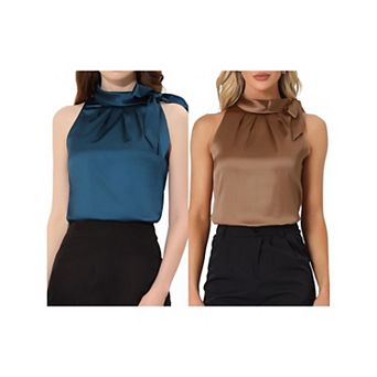 2 Packs Women's Elegant Satin Sleeveless Bow Knot Tie Mock Neck Solid Work Blouse Top