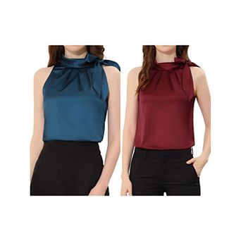 2 Packs Women's Elegant Satin Sleeveless Bow Knot Tie Mock Neck Solid Work Blouse Top