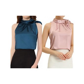 2 Packs Women's Elegant Satin Sleeveless Bow Knot Tie Mock Neck Solid Work Blouse Top