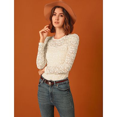2 Packs Women's Vintage Semi Sheer Long Sleeve Embroidery Blouse Lace Top