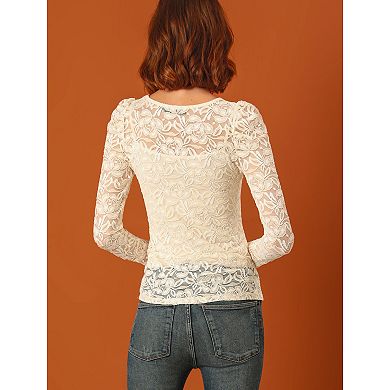 2 Packs Women's Vintage Semi Sheer Long Sleeve Embroidery Blouse Lace Top