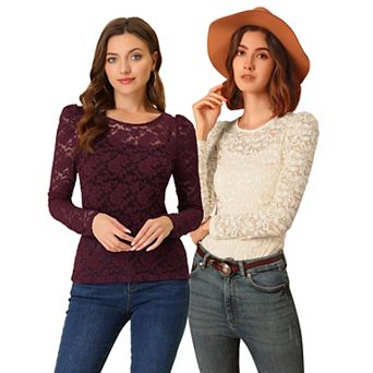 2 Packs Women's Vintage Semi Sheer Long Sleeve Embroidery Blouse Lace Top