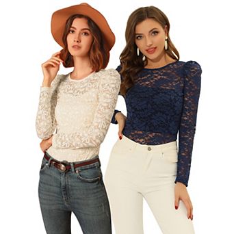 2 Packs Women's Vintage Semi Sheer Long Sleeve Embroidery Blouse Lace Top