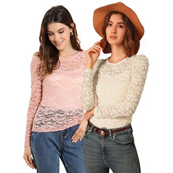 2 Packs Women's Vintage Semi Sheer Long Sleeve Embroidery Blouse Lace Top