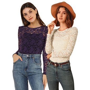 2 Packs Women's Vintage Semi Sheer Long Sleeve Embroidery Blouse Lace Top