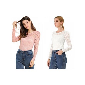 2 Packs Women's Vintage Semi Sheer Long Sleeve Embroidery Blouse Lace Top