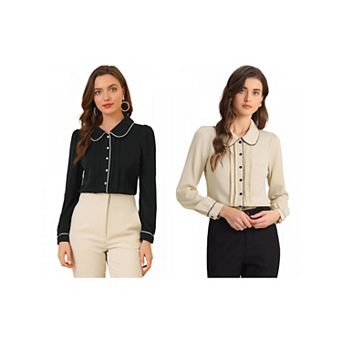 2 Packs Women's Peter Pan Collar Work Blouse Button Down Shirt