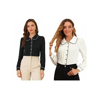 2 Packs Women's Peter Pan Collar Work Blouse Button Down Shirt