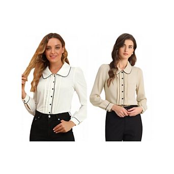2 Packs Women's Peter Pan Collar Work Blouse Button Down Shirt